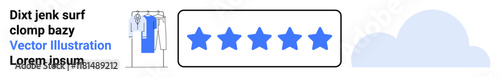 Clothing rack with garments, five blue stars for customer ratings, cloud shape. Ideal for e-commerce, customer feedback, online shopping, product reviews, fashion, digital storage website design