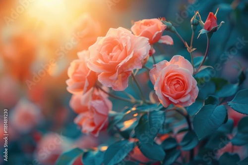 Blooming Roses at Sunset Garden Floral Photography Serene Atmosphere Close-Up