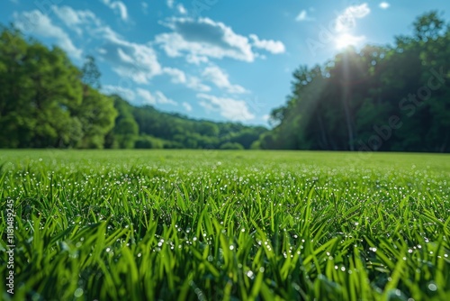 Morning Dew on Lush Grass Field Scenic Nature Landscape Outdoor Serenity
