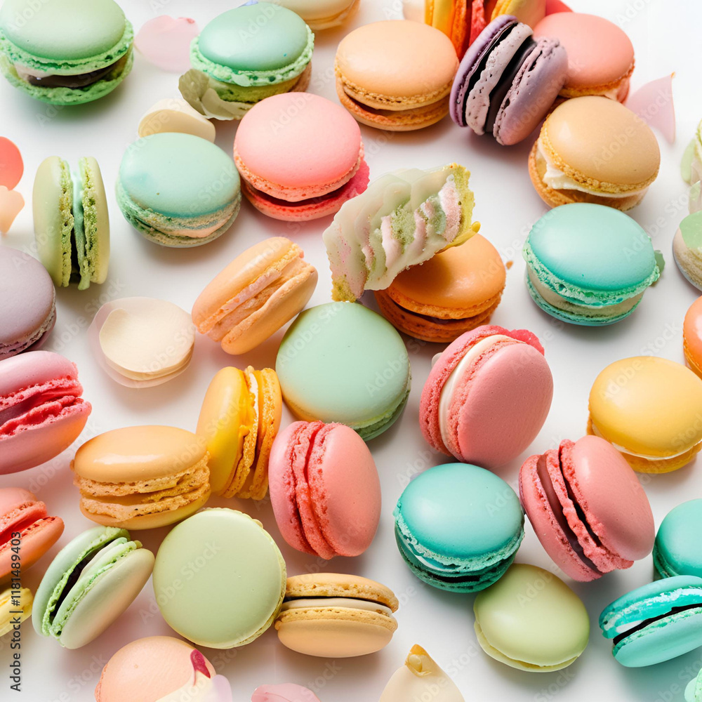 Sweet Delights - Colorful Macarons on White Plate in Pastel Kitchen Ambiance Sweet Delights - Colorful Macarons on White Plate in Pastel Kitchen Ambiance