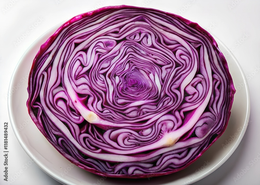 Vibrant Close-Up of a Cross-Sectioned Red Cabbage Reveal Intricate Patterns and Textures in a Circular White Plate Against a Plain Background Vibrant Close-Up of a Cross-Sectioned Red Cabbage Reveal Intricate Patterns and Textures in a Circular White Plate Against a Plain Background