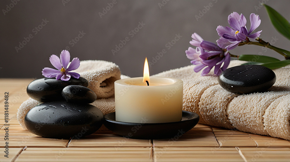 Calming spa scene with smooth black stones, beige towels, a bamboo mat, and a flowers, emphasizing simplicity and tranquility Calming spa scene with smooth black stones, beige towels, a bamboo mat, and a flowers, emphasizing simplicity and tranquility