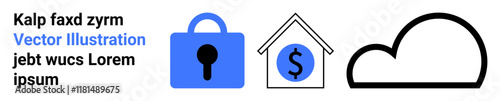 Cloud security concept with a blue lock, house icon with dollar sign, and cloud. Ideal for technology, finance, banking, cybersecurity, cloud storage, online safety, and digital transactions. Banner