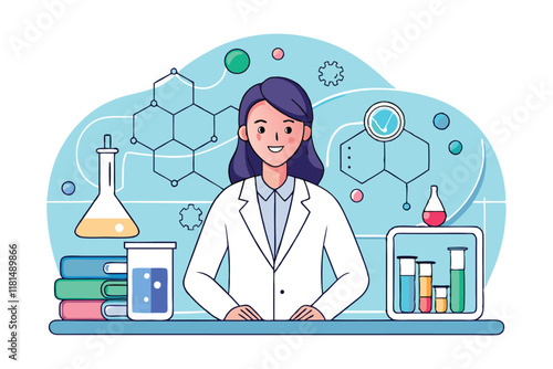Scientific illustration of a female scientist in a lab coat.eps