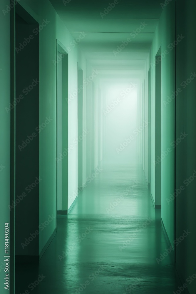 Long hallway, green walls, doors, light at end. Long hallway, green walls, doors, light at end.
