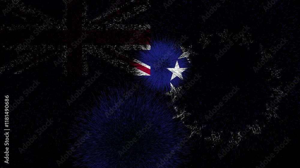Cook Islands flag - Waving flag on celebrating fireworks for national holiday day. Ceremony for patriotic celebration of nation 