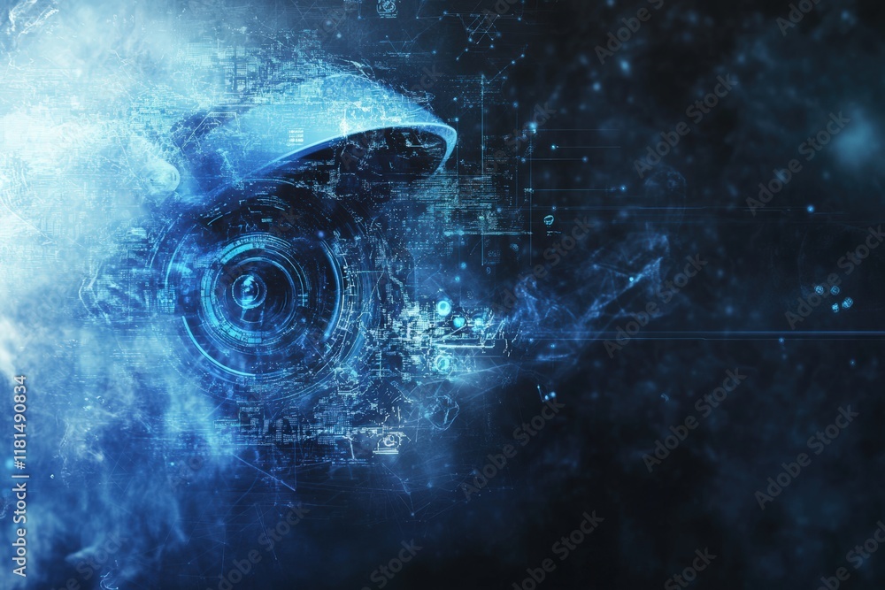 Naklejka premium Futuristic blue surveillance camera and digital network interface
