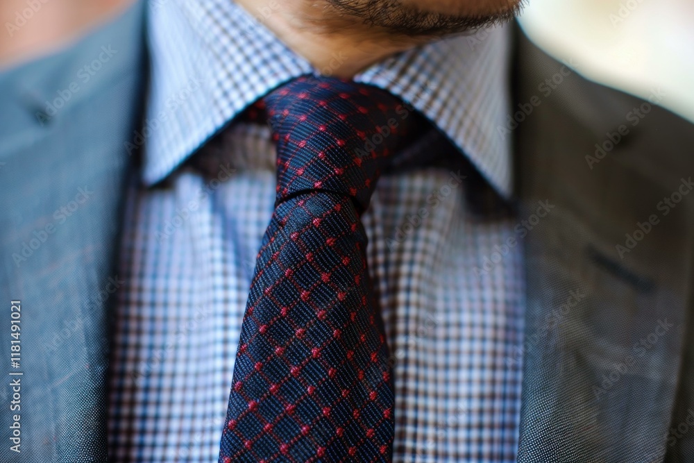 Close up of businessman wearing stylish suit, checkered shirt, and patterned tie, conveying professionalism and attention to detail Close up of businessman wearing stylish suit, checkered shirt, and patterned tie, conveying professionalism and attention to detail