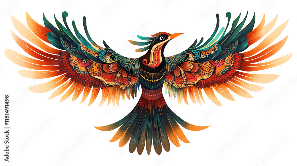 Obraz premium A vibrant, artistic illustration of a bird with colorful feathers, showcasing intricate patterns and details against a white background.