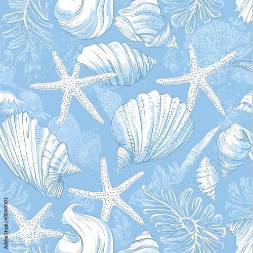 A seamless hand-drawn seashell pattern with a retro vibe. An illustration of a tropical summer background. A vintage print of marine nature. A shell animal-themed wallpaper texture photo