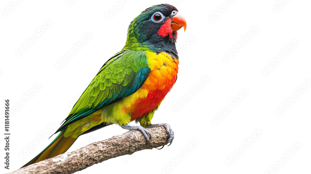 Fototapeta premium A vibrant and colorful parrot perched gracefully on a branch, showcasing its brilliant feathers and striking features against a white background.