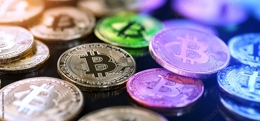 A collection of colorful Bitcoin coins on a dark surface. A collection of colorful Bitcoin coins on a dark surface.