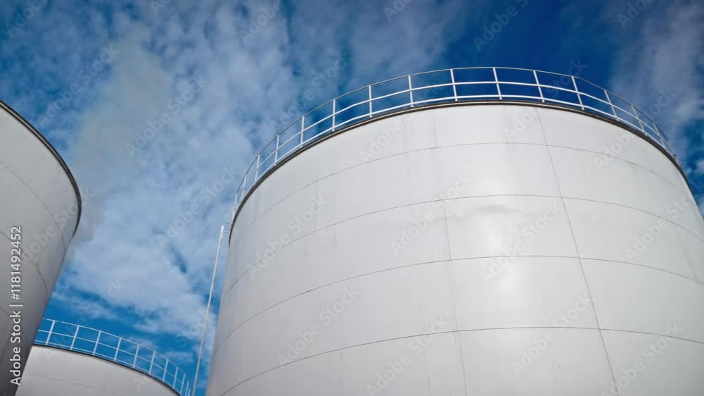 Large industrial storage tanks under a bright blue sky with scattered clouds. The white cylindrical structures feature metal railings on top, standing out against the vibrant backdrop. Large industrial storage tanks under a bright blue sky with scattered clouds. The white cylindrical structures feature metal railings on top, standing out against the vibrant backdrop.