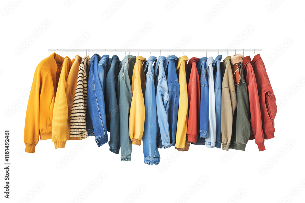 A vibrant collection of casual jackets hanging on a clothes rack, showcasing a variety of colors and styles on a white isolate background. A vibrant collection of casual jackets hanging on a clothes rack, showcasing a variety of colors and styles on a white isolate background.