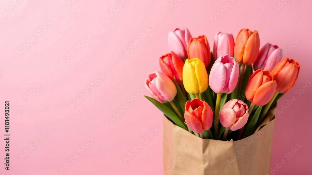 Fototapeta premium Tulips bouquet on pink background. Copy space