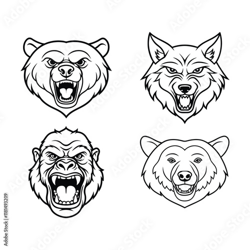 Set of animal heads line art illustrations