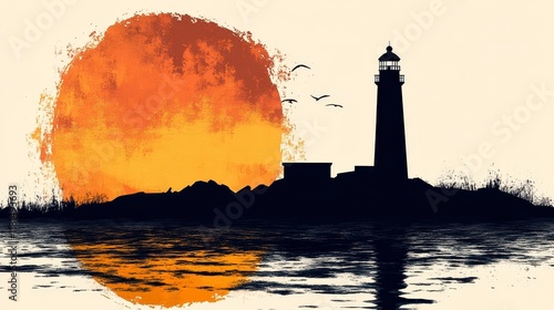 Silhouette of lighthouse at sunset reflecting on calm water. photo