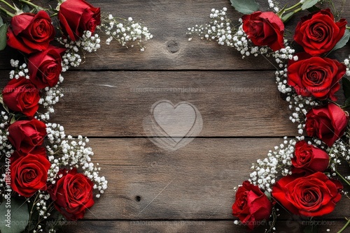 Elegant Red Roses Frame with Baby's Breath on Rustic Wooden Background for Romantic Decor, Valentine’s Day, or Special Occasions
