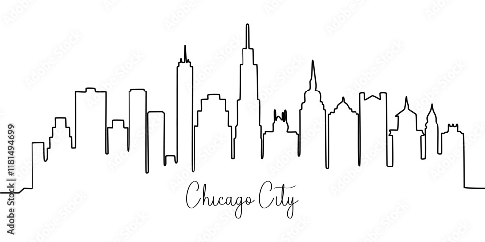 Fototapeta premium One line style Chicago City skyline. Simple modern minimaistic style vector, One single line drawing of Chicago city skyline, United States. Historical town landscape in the world. Best holiday.