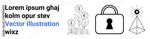 Plants with currency symbols, lock representing security, prism with eye. Ideal for financial growth, investment strategies, cybersecurity, future vision, business planning, data protection market