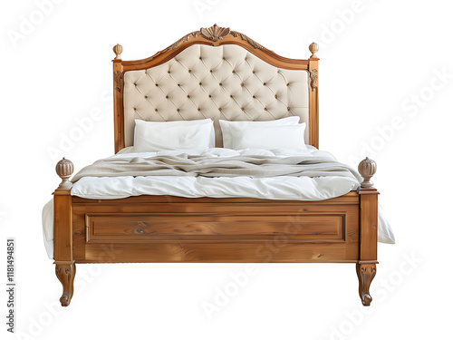 bed with pillows and blanket isolated on transparent or white background, png bedroom cutout