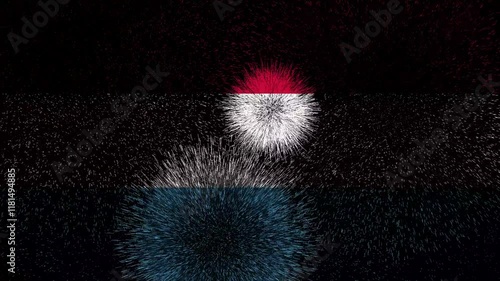 Luxembourg flag - Waving flag on celebrating fireworks for national holiday day. Ceremony for patriotic celebration of nation 