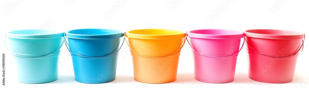 Colorful buckets arranged in a row, white isolated background. Colorful buckets arranged in a row, white isolated background.