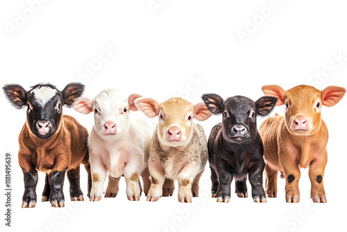 Φωτογραφία Five adorable calves stand in a row against a white background, showcasing their playful personalities and distinct colors