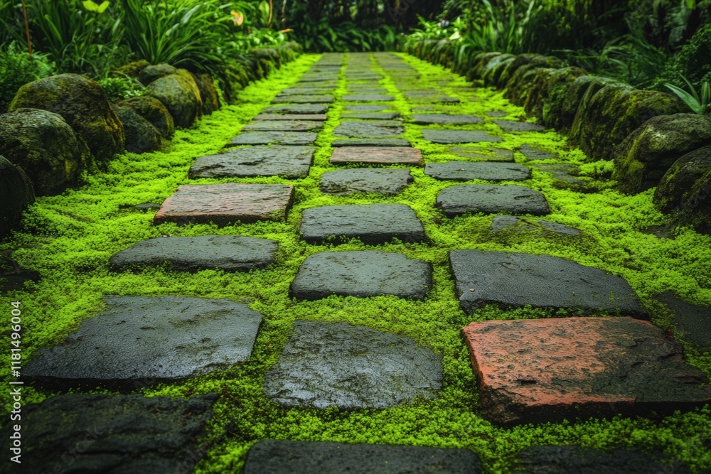 Lush green moss amidst ancient stone pathway in tranquil garden setting Lush green moss amidst ancient stone pathway in tranquil garden setting