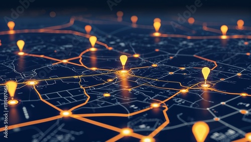 Digital Map with Illuminated Points Highlighting Key Locations, Representing Modern Navigation and Geospatial Technology