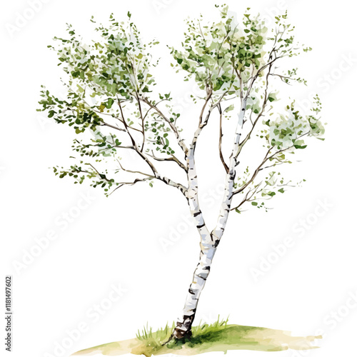 A watercolor drawing of a birch tree, isolated on a white background. Birch tree vector.
