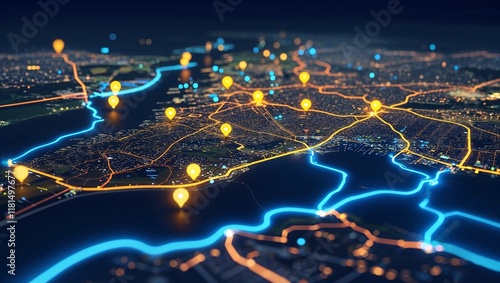 Digital Map with Illuminated Points Highlighting Key Locations, Representing Modern Navigation and Geospatial Technology