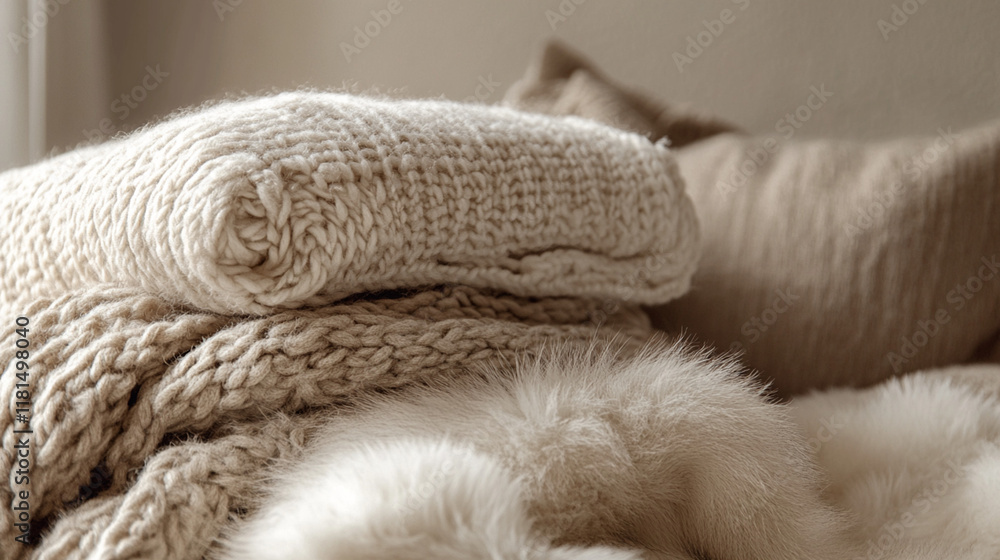 Soft cream and beige wool blankets and fabrics. Cosy and calming aesthetic background. Soft cream and beige wool blankets and fabrics. Cosy and calming aesthetic background.