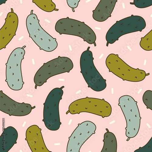  cute hand drawn seamless vector pattern illustration cucumber on pink background