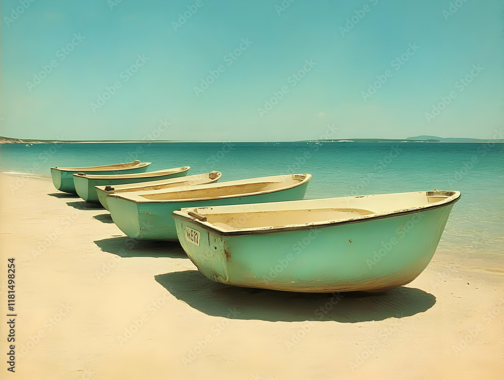 Naklejka premium Beach Boats Teal Vintage Illustration