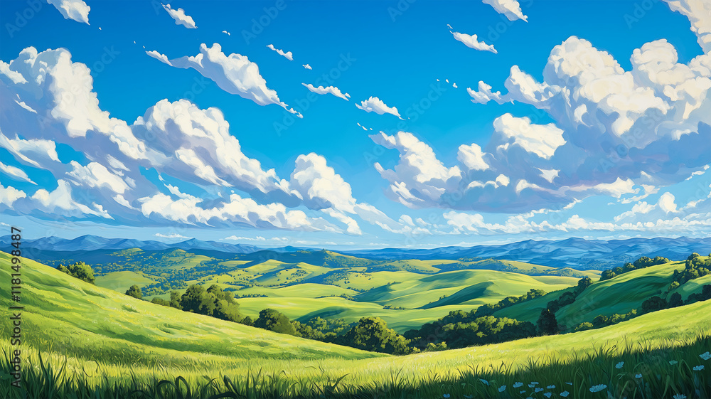 Obraz premium 青空と白い雲が描く模様と緑の丘が広がる明るい日中の風景