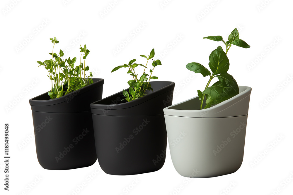 Fototapeta premium Three stylish planters in black and gray colors filled with fresh herbs, showcasing a modern design on a clear background.
