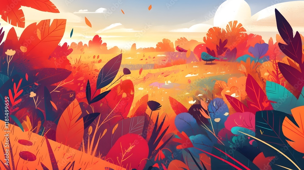 Vibrant autumn landscape with colorful foliage in hues of red, orange, and green, creating a whimsical scene. Vibrant autumn landscape with colorful foliage in hues of red, orange, and green, creating a whimsical scene.