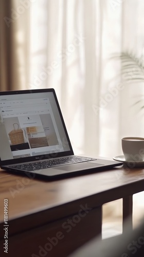 Wallpaper Mural Open laptop displaying an online shopping website sits on a wooden table next to a coffee cup, suggesting a relaxed online shopping experience Torontodigital.ca