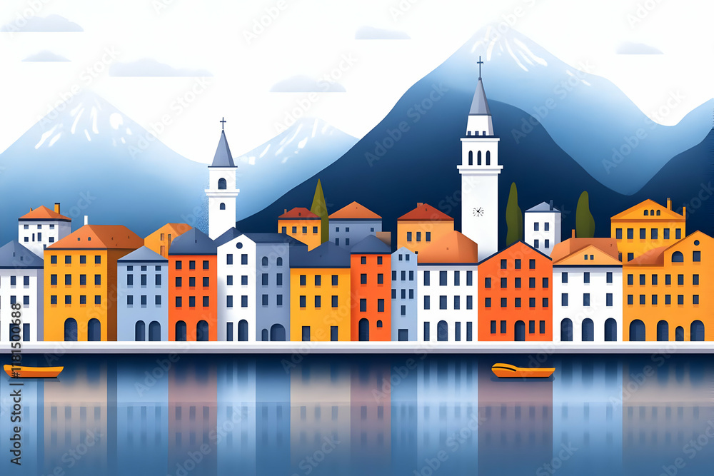 Alpine Town Illustration: Colorful Buildings by Lake Alpine Town Illustration: Colorful Buildings by Lake
