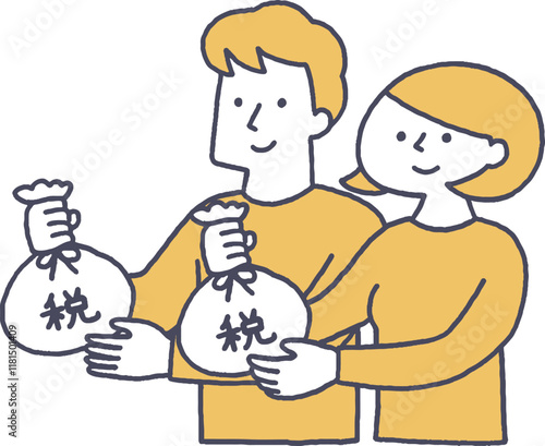 税金を納める若い夫婦単色