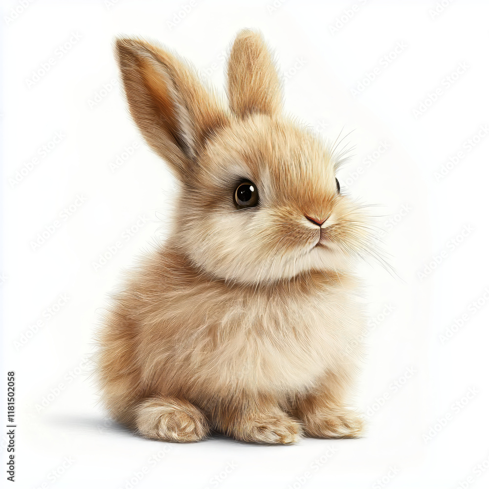 A realistic, fluffy bunny with soft fur sitting calmly on a white background. Ideal for use in nature, animal, or pet-themed designs A realistic, fluffy bunny with soft fur sitting calmly on a white background. Ideal for use in nature, animal, or pet-themed designs