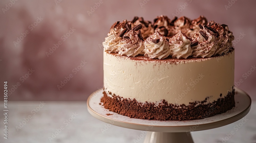 A decadent tiramisu cake with layers of coffee-soaked sponge, mascarpone cream, and cocoa powder sprinkled on top A decadent tiramisu cake with layers of coffee-soaked sponge, mascarpone cream, and cocoa powder sprinkled on top