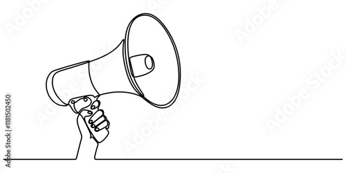 Line art megaphone announcement, one continuous single line drawing of hand hold a speaker megaphone isolated, Continuous line drawing Holding by hand  megaphone Speaker Single Line Icon pro vector.  