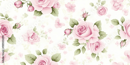 Seamless pink rose pattern featuring blooming rosebuds, creating soft feminine design for elegant decorative backgrounds and surfaces