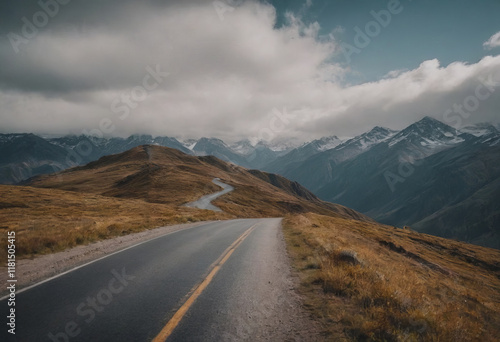 empty road picturesque mountain landscape, realistic illustration