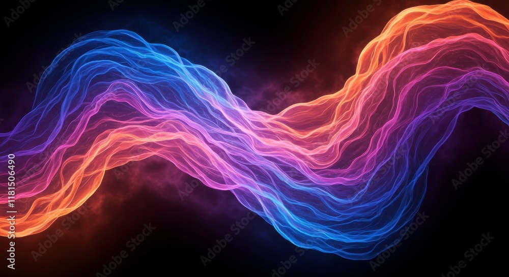 Fototapeta premium Abstract Flow: A mesmerizing abstract design of flowing lines, pulsating in vibrant hues of blue, pink, and orange against a dark background. It evokes a sense of dynamic energy and movement.