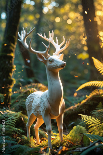 Carved Wooden Deer Sculpture in a Lush Forest Setting, Detailed Wood Grain Texture.Intricately Carved Wooden Deer Statue in a Natural Forest Environment, Close-Up Detail. photo