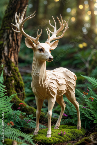 Carved Wooden Deer Sculpture in a Lush Forest Setting, Detailed Wood Grain Texture.Intricately Carved Wooden Deer Statue in a Natural Forest Environment, Close-Up Detail. photo