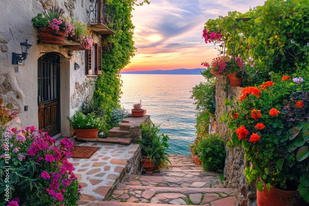 Fototapeta premium Sunset coastal village stone steps flowers home